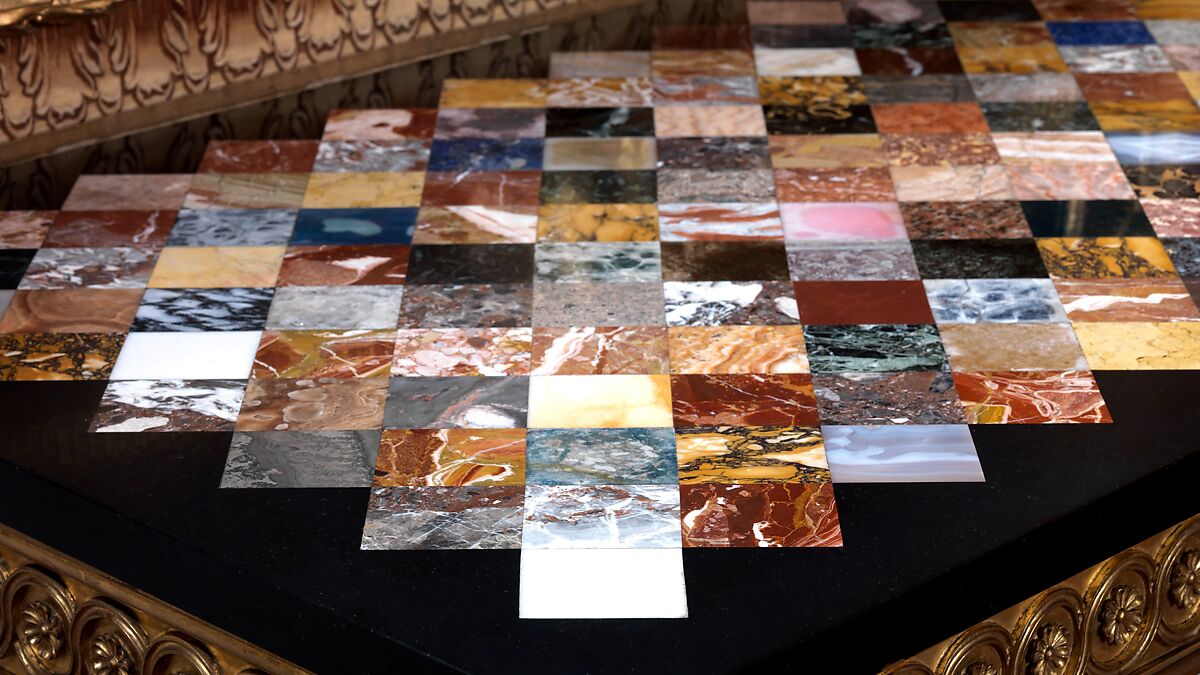Side table, Table top by John Wildsmith (active 1757–69), Carved and gilded pine; marbles, including rosso and nero antico, orange Veronese, yellow Siena, brown, gray, and white fleur de pêcher, black and gold Portor, orange and violet Spanish brocatello, and white Carrara, and hardstones, including gray and red granite, red and white jasper, pink quartz, porphyry, bloodstone, serpentine, golden and brown agate and onyx, and lapis lazuli, British, London