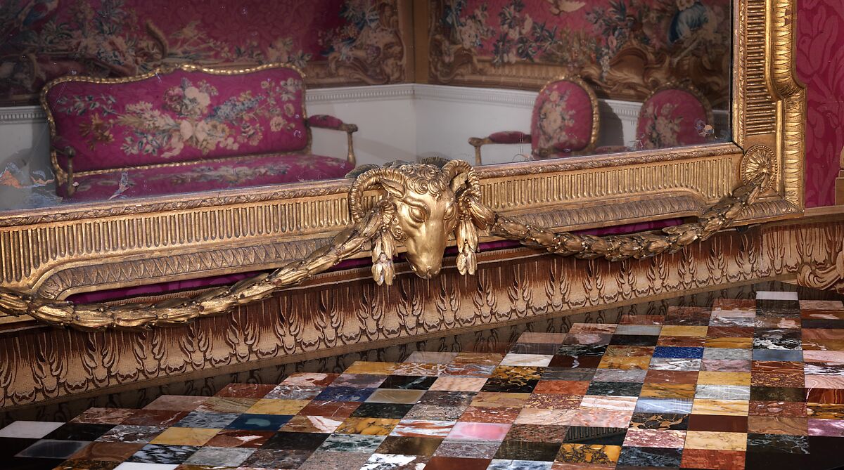 Side table, Table top by John Wildsmith (active 1757–69), Carved and gilded pine; marbles, including rosso and nero antico, orange Veronese, yellow Siena, brown, gray, and white fleur de pêcher, black and gold Portor, orange and violet Spanish brocatello, and white Carrara, and hardstones, including gray and red granite, red and white jasper, pink quartz, porphyry, bloodstone, serpentine, golden and brown agate and onyx, and lapis lazuli, British, London