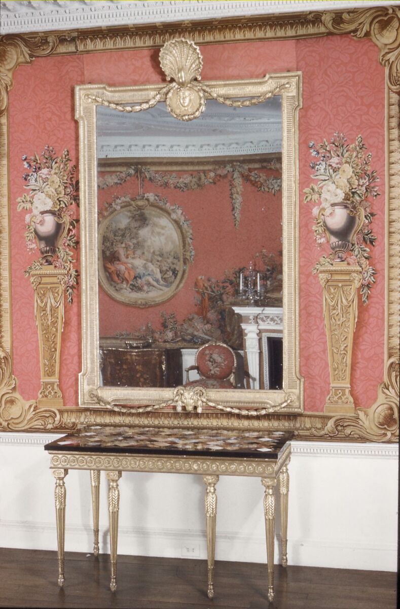 Side table, Table top by John Wildsmith (active 1757–69), Carved and gilded pine; marbles, including rosso and nero antico, orange Veronese, yellow Siena, brown, gray, and white fleur de pêcher, black and gold Portor, orange and violet Spanish brocatello, and white Carrara, and hardstones, including gray and red granite, red and white jasper, pink quartz, porphyry, bloodstone, serpentine, golden and brown agate and onyx, and lapis lazuli, British, London