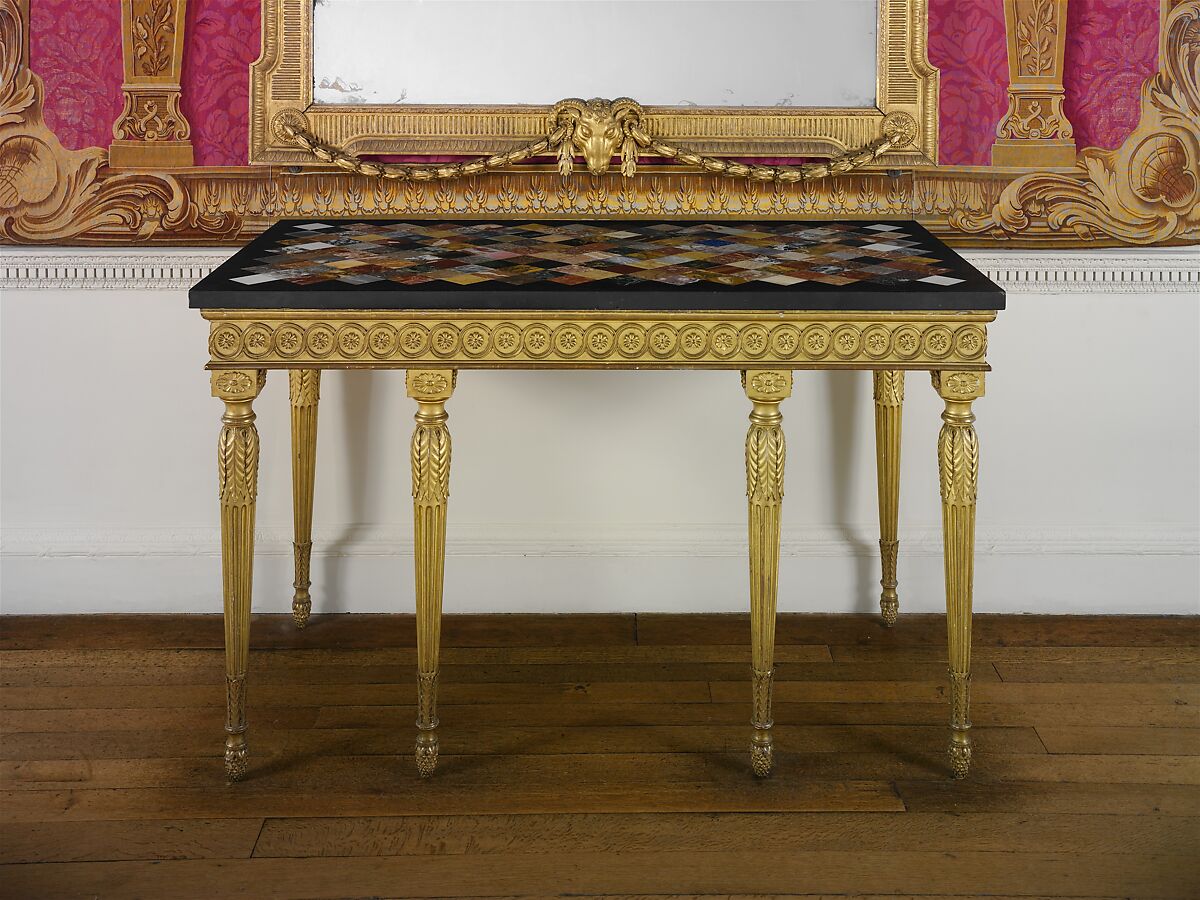 Side table, Table top by John Wildsmith (active 1757–69), Carved and gilded pine; marbles, including rosso and nero antico, orange Veronese, yellow Siena, brown, gray, and white fleur de pêcher, black and gold Portor, orange and violet Spanish brocatello, and white Carrara, and hardstones, including gray and red granite, red and white jasper, pink quartz, porphyry, bloodstone, serpentine, golden and brown agate and onyx, and lapis lazuli, British, London 