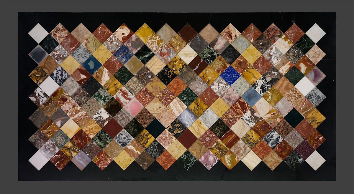 Side table, Table top by John Wildsmith (active 1757–69), Carved and gilded pine; marbles, including rosso and nero antico, orange Veronese, yellow Siena, brown, gray, and white fleur de pêcher, black and gold Portor, orange and violet Spanish brocatello, and white Carrara, and hardstones, including gray and red granite, red and white jasper, pink quartz, porphyry, bloodstone, serpentine, golden and brown agate and onyx, and lapis lazuli, British, London