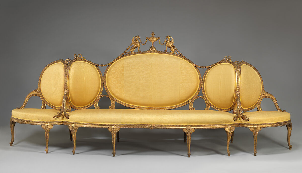 Settee (Confidante) (part of a set), Beechwood, gilt; silk moiré upholstery not original to the frame, British 