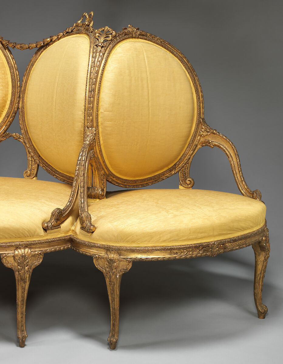 Settee (Confidante) (part of a set), Beechwood, gilt; silk moiré upholstery not original to the frame, British