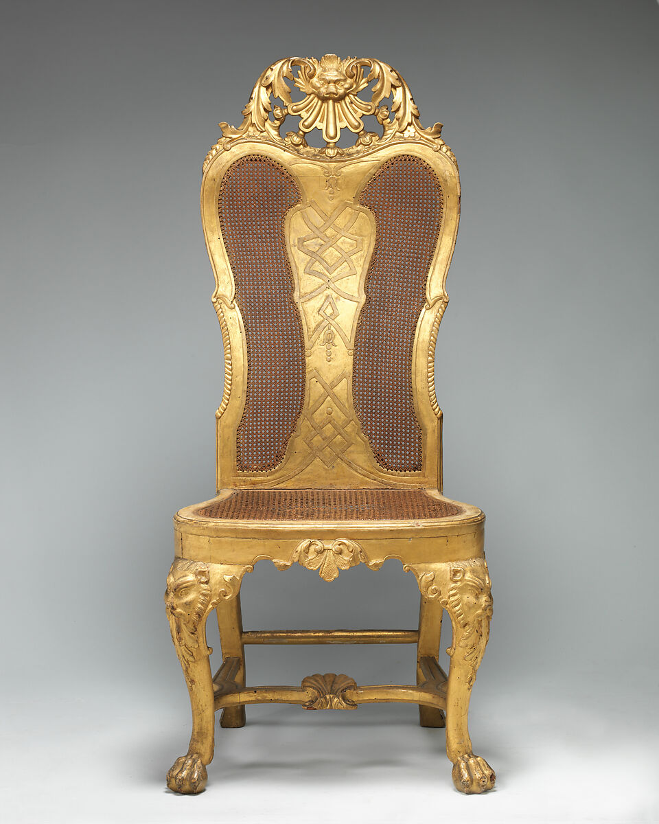 Side chair, Walnut, decorated with carved gesso, gilt, British 