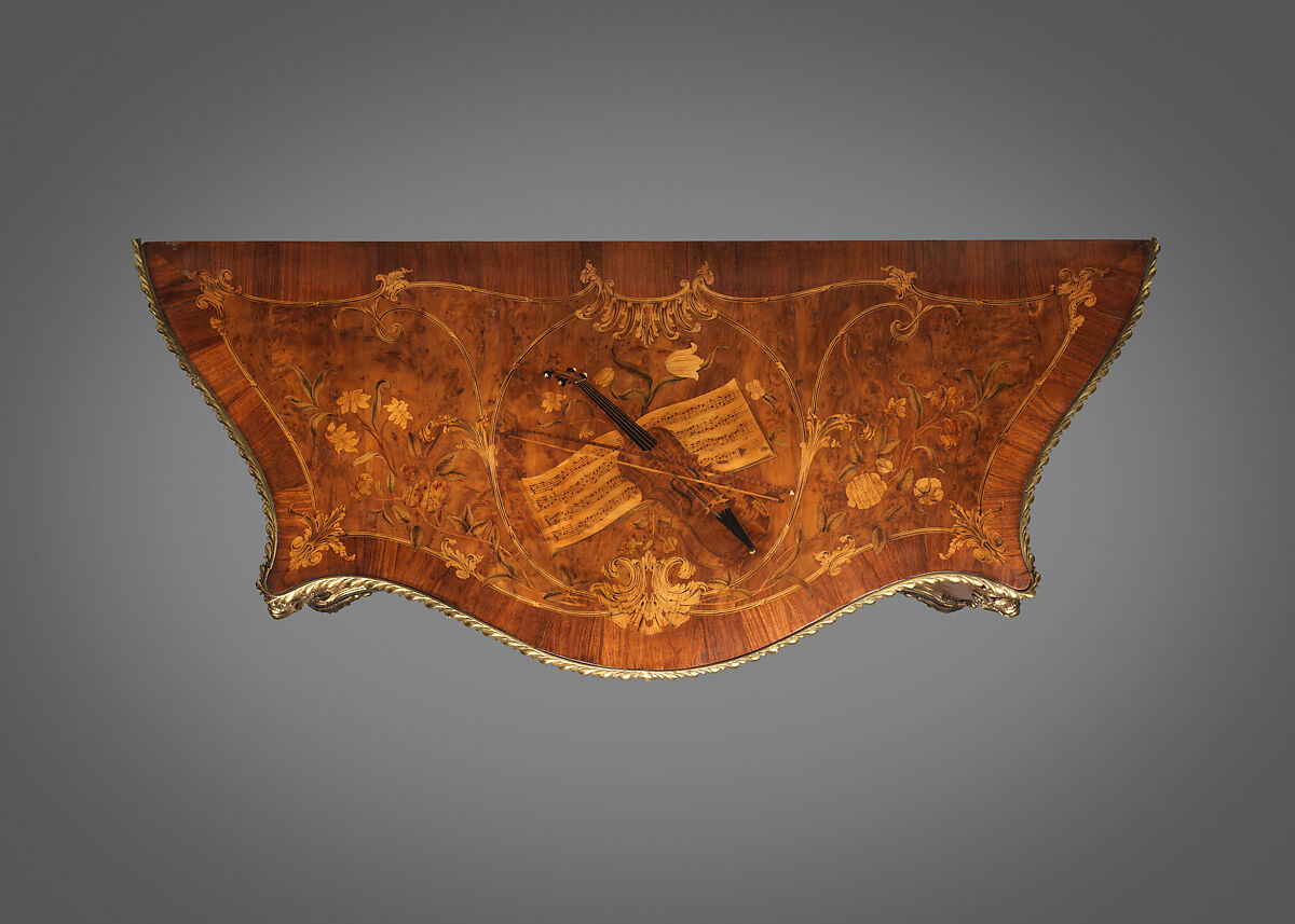 Commode, Attributed to John Mayhew (British, 1736–1811), Pine veneered with satinwood, mahogany, burl, yew, and purplewood; gilt bronze, British