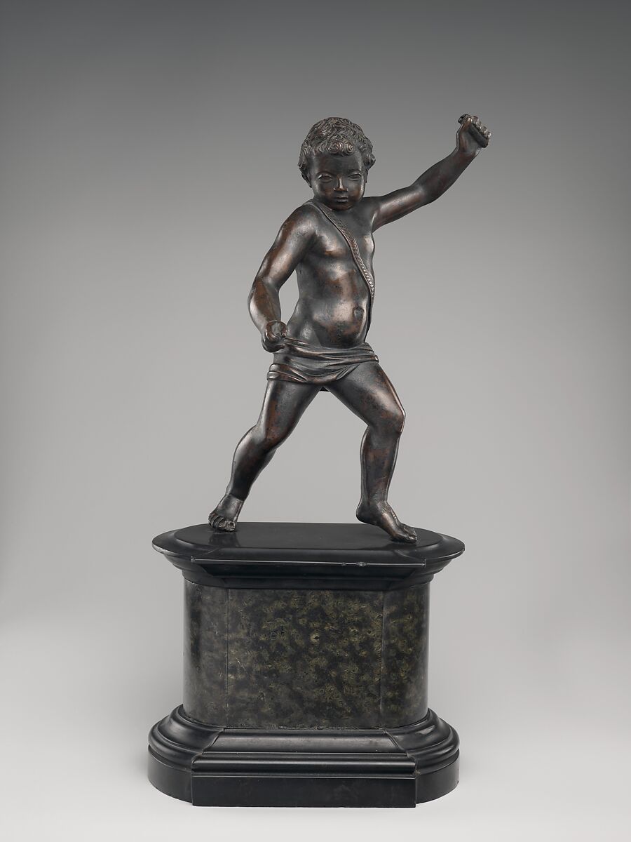 Cupid about to fire an arrow, Bronze, on a later stone and wood base, probably Italy 
