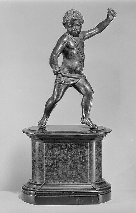 Cupid about to fire an arrow, Bronze, on a later stone and wood base, probably Italy