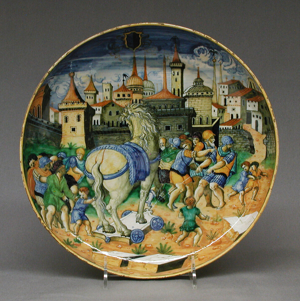 Dish depicting the Trojan Horse, Maiolica (tin-glazed earthenware), Italian, Urbino 
