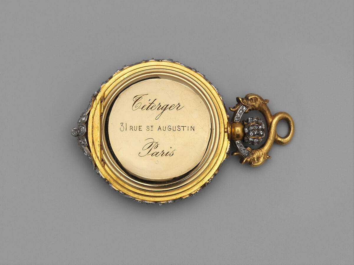 Watch and chatelaine, Case maker: Hippolyte Téterger (French, 1831–after 1891), Chatelaine: partly enameled gold and platinum set with diamonds; Movement: gilded brass and steel, French, Paris