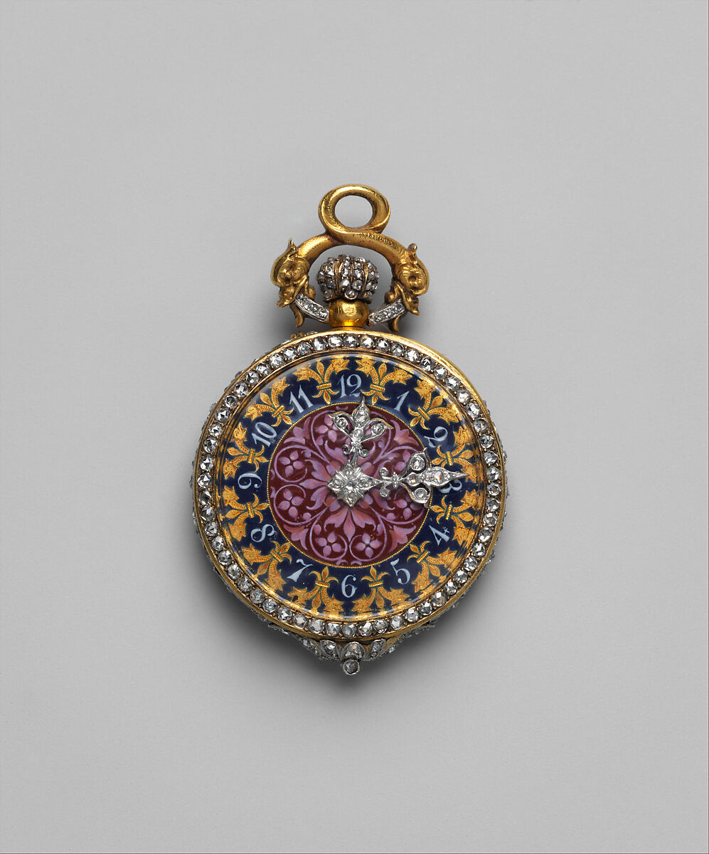 Watch and chatelaine, Case maker: Hippolyte Téterger (French, 1831–after 1891), Chatelaine: partly enameled gold and platinum set with diamonds; Movement: gilded brass and steel, French, Paris