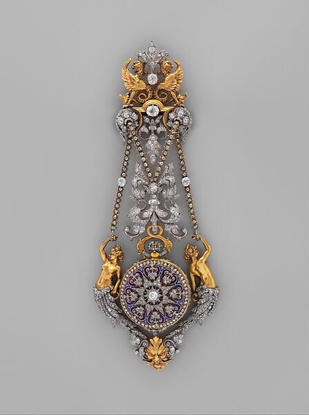 Watch and chatelaine, Case maker: Hippolyte Téterger (French, 1831–after 1891), Chatelaine: partly enameled gold and platinum set with diamonds; Movement: gilded brass and steel, French, Paris 