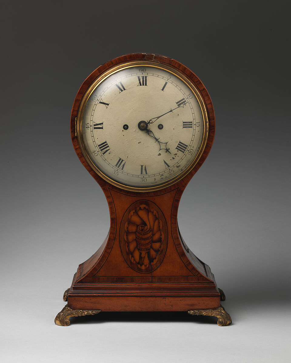 Balloon bracket clock, Satinwood veneer inlaid with marquetry woods, gilt bronze, British 