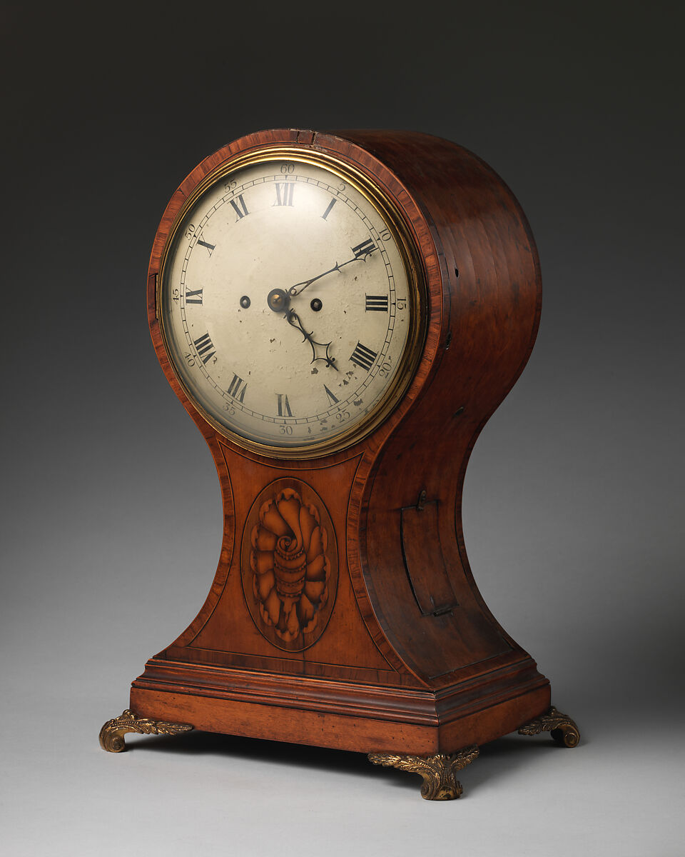 Balloon bracket clock, Satinwood veneer inlaid with marquetry woods, gilt bronze, British
