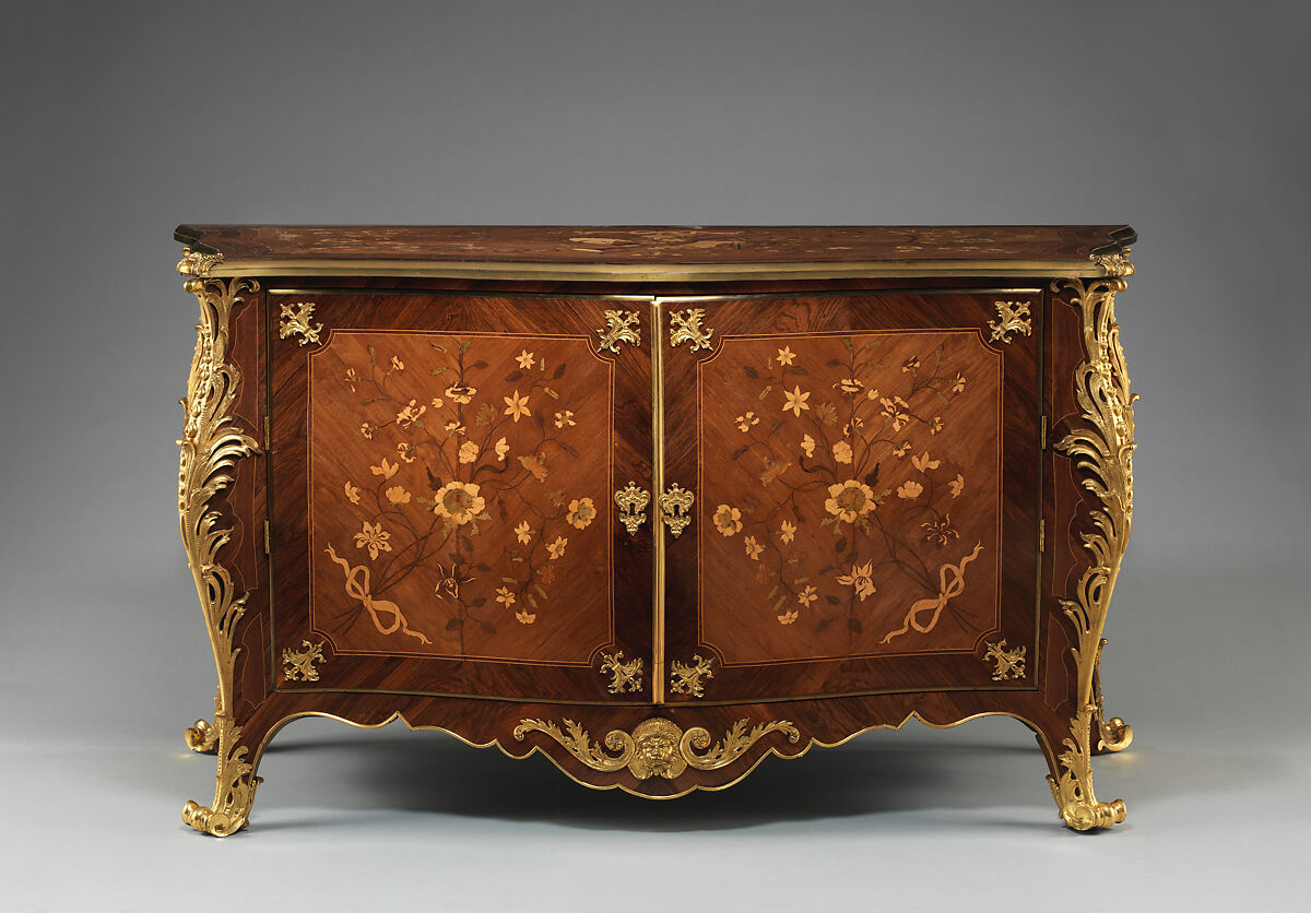 Commode from Croome Court, Worcestershire, Peter Langlois (French, active 1759–81, worked in England 1760–70), Pine and oak with marquetry of satinwood, kingwood, and other woods on a mahogany ground; gilded bronze, British 