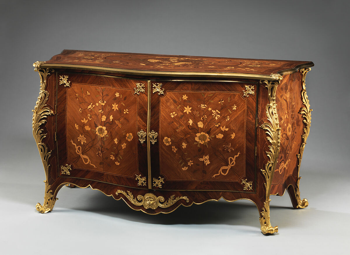 Commode from Croome Court, Worcestershire, Peter Langlois (French, active 1759–81, worked in England 1760–70), Pine and oak with marquetry of satinwood, kingwood, and other woods on a mahogany ground; gilded bronze, British