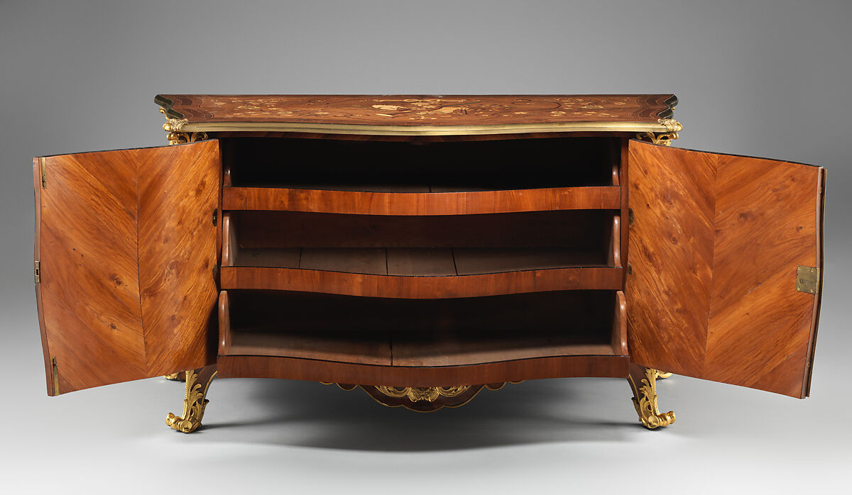Commode from Croome Court, Worcestershire, Peter Langlois (French, active 1759–81, worked in England 1760–70), Pine and oak with marquetry of satinwood, kingwood, and other woods on a mahogany ground; gilded bronze, British