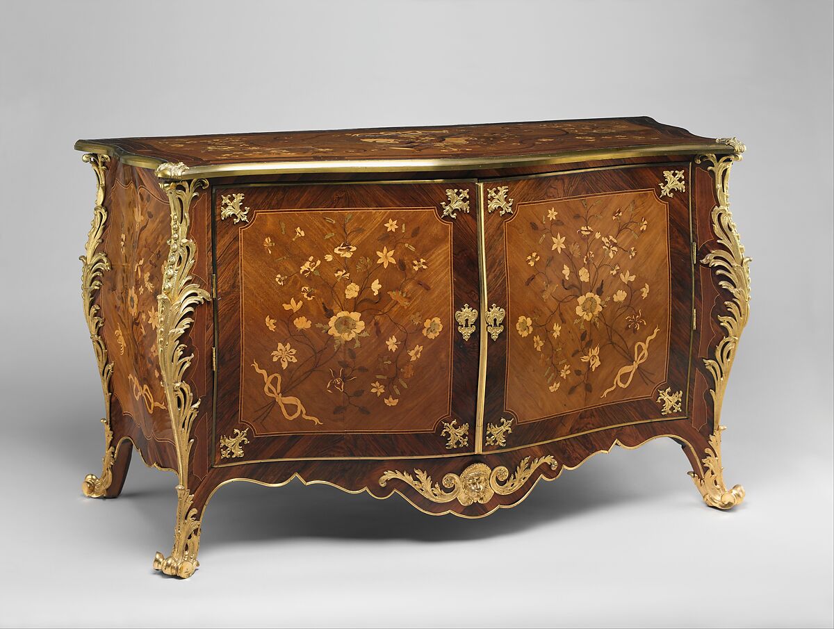 Commode from Croome Court, Worcestershire, Peter Langlois (French, active 1759–81, worked in England 1760–70), Pine and oak with marquetry of satinwood, kingwood, and other woods on a mahogany ground; gilded bronze, British
