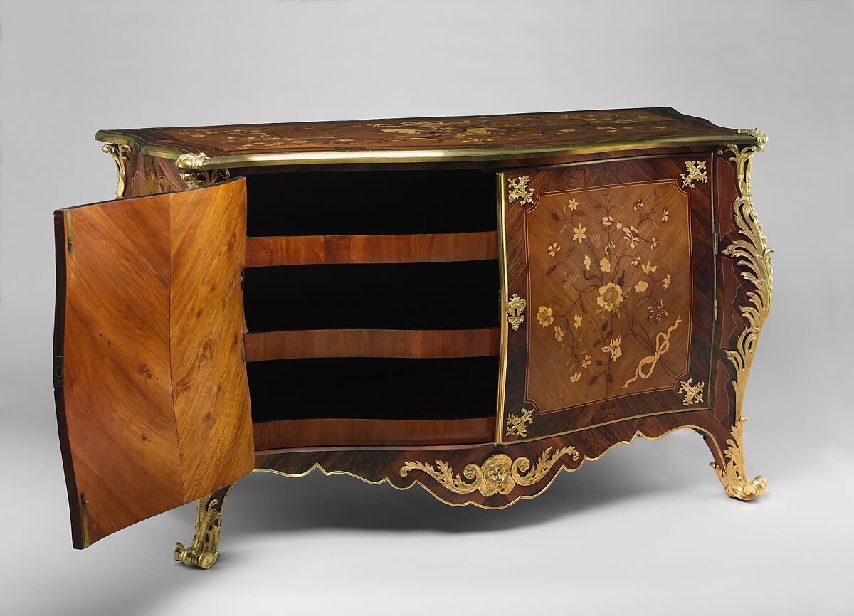 Commode from Croome Court, Worcestershire, Peter Langlois (French, active 1759–81, worked in England 1760–70), Pine and oak with marquetry of satinwood, kingwood, and other woods on a mahogany ground; gilded bronze, British