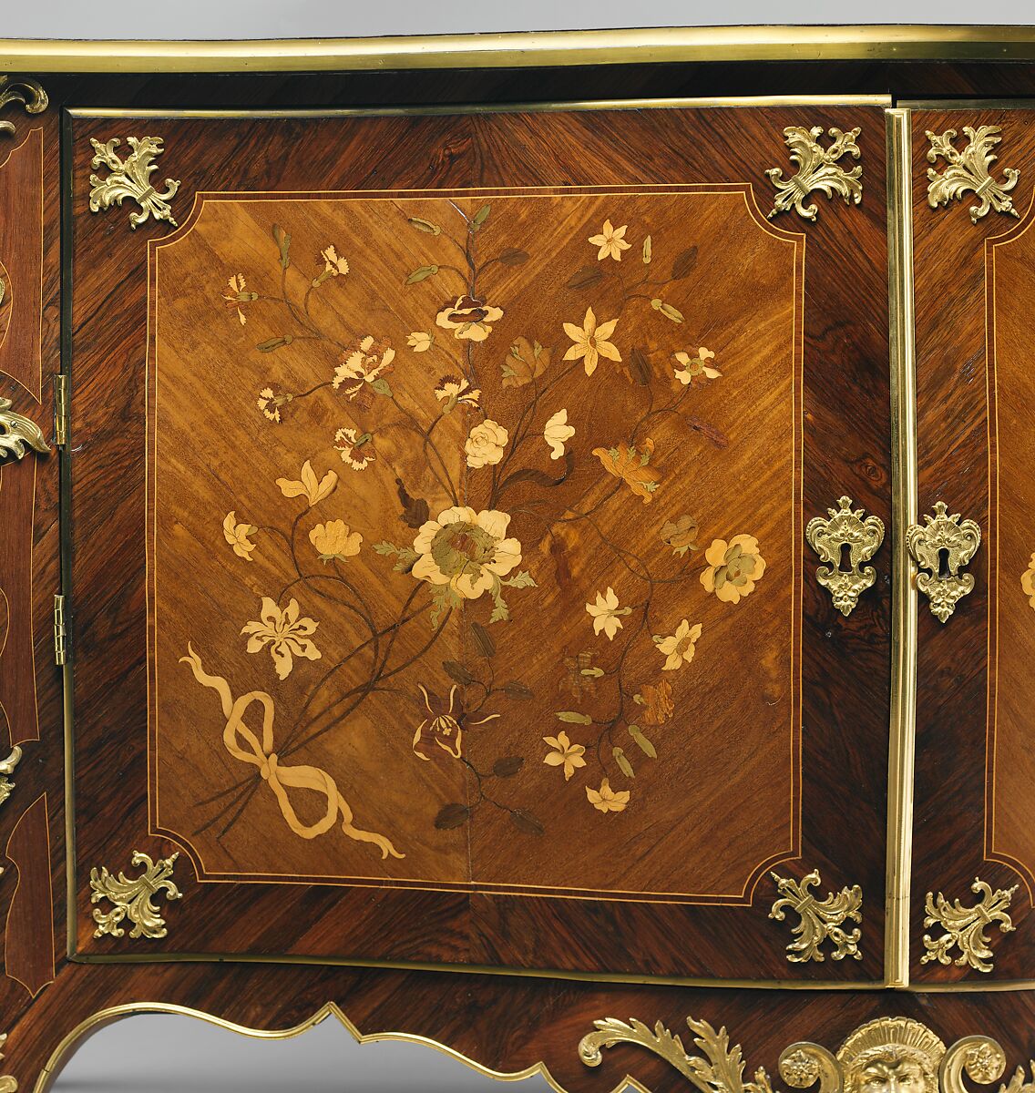 Commode from Croome Court, Worcestershire, Peter Langlois (French, active 1759–81, worked in England 1760–70), Pine and oak with marquetry of satinwood, kingwood, and other woods on a mahogany ground; gilded bronze, British