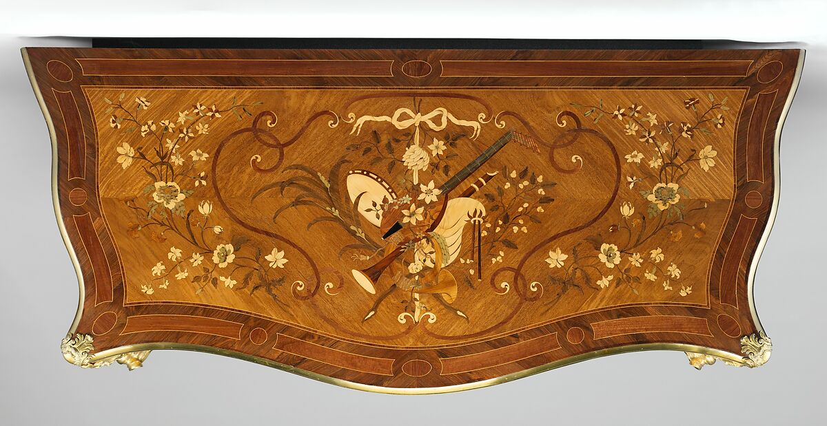 Commode from Croome Court, Worcestershire, Peter Langlois (French, active 1759–81, worked in England 1760–70), Pine and oak with marquetry of satinwood, kingwood, and other woods on a mahogany ground; gilded bronze, British