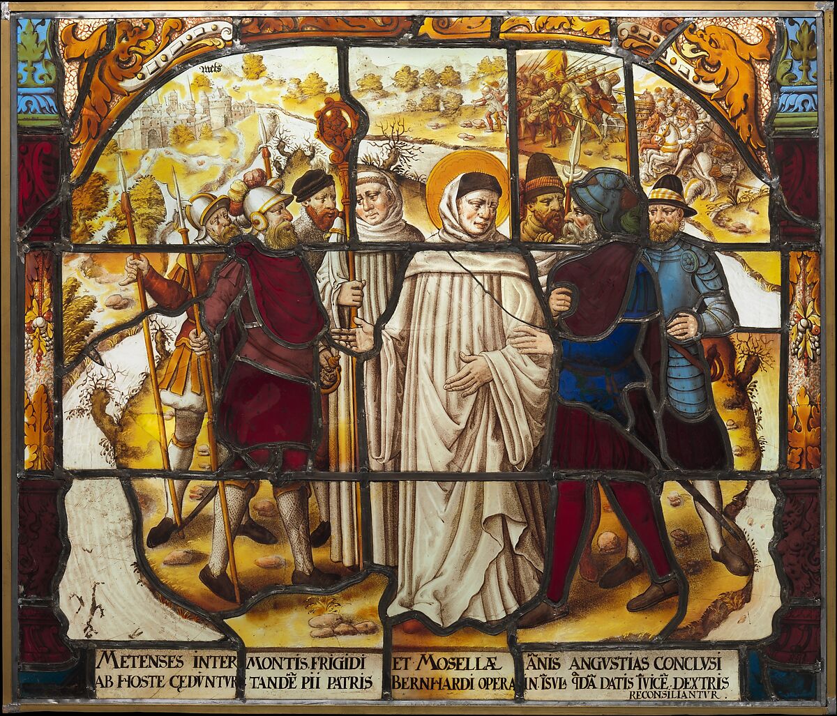 Life of Saint Bernard of Clairvaux: Saint Bernard mediates a dispute between Bishop Stephan von Bar and Duke Matthew von Lothringen in Metz (one of two), Stained glass, German, Cologne 