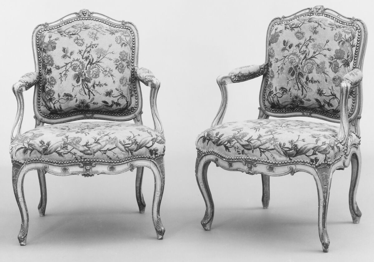 Pair of armchairs, Probably by Jean-Baptiste II Tilliard (French, 1723–1798, master 1752), Carved and painted fruitwood; floral needlepoint upholstery, French, Paris 