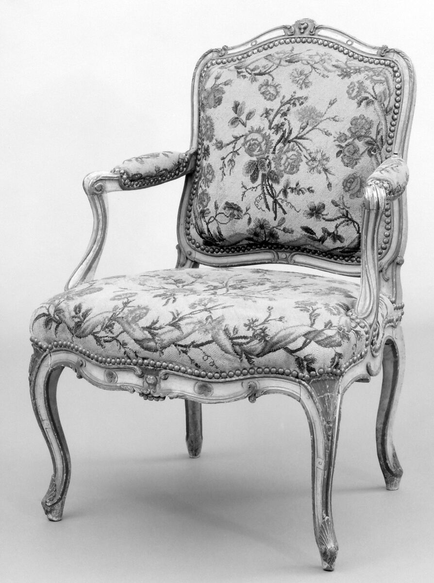 Pair of armchairs, Probably by Jean-Baptiste II Tilliard (French, 1723–1798, master 1752), Carved and painted fruitwood; floral needlepoint upholstery, French, Paris