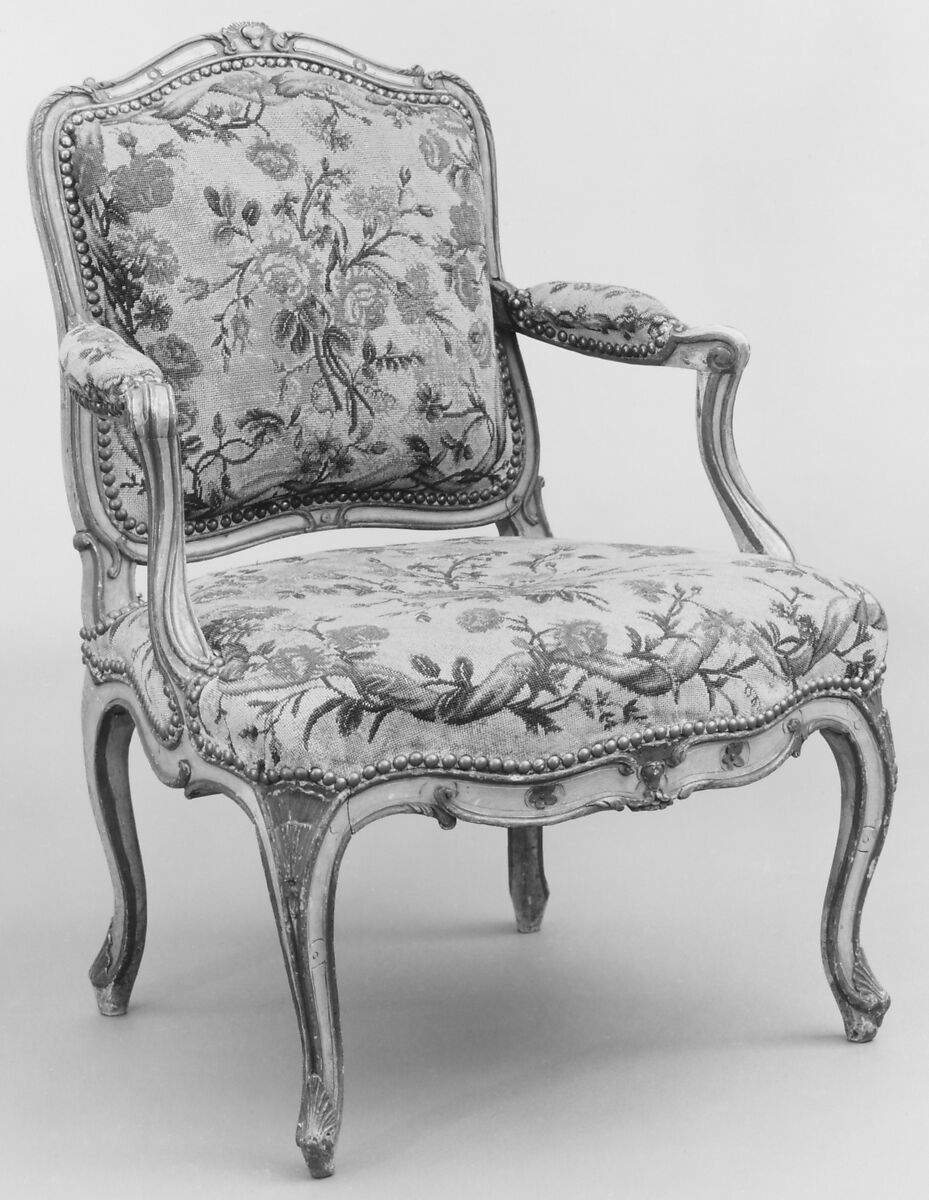 Pair of armchairs, Probably by Jean-Baptiste II Tilliard (French, 1723–1798, master 1752), Carved and painted fruitwood; floral needlepoint upholstery, French, Paris