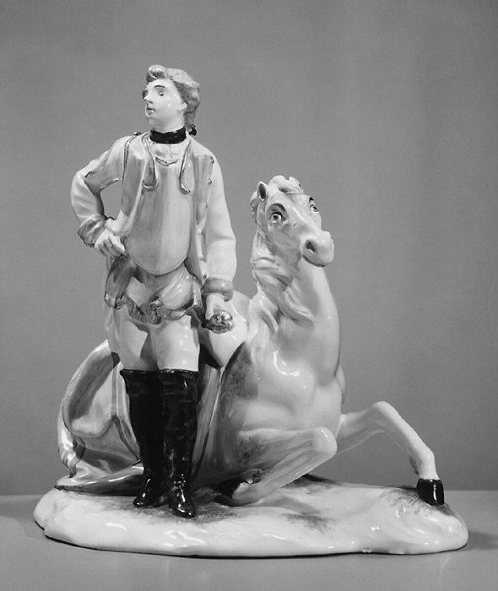 Young soldier and horse (representing Europe) (part of a set), Faience (tin-glazed earthenware), probably French, Niderviller