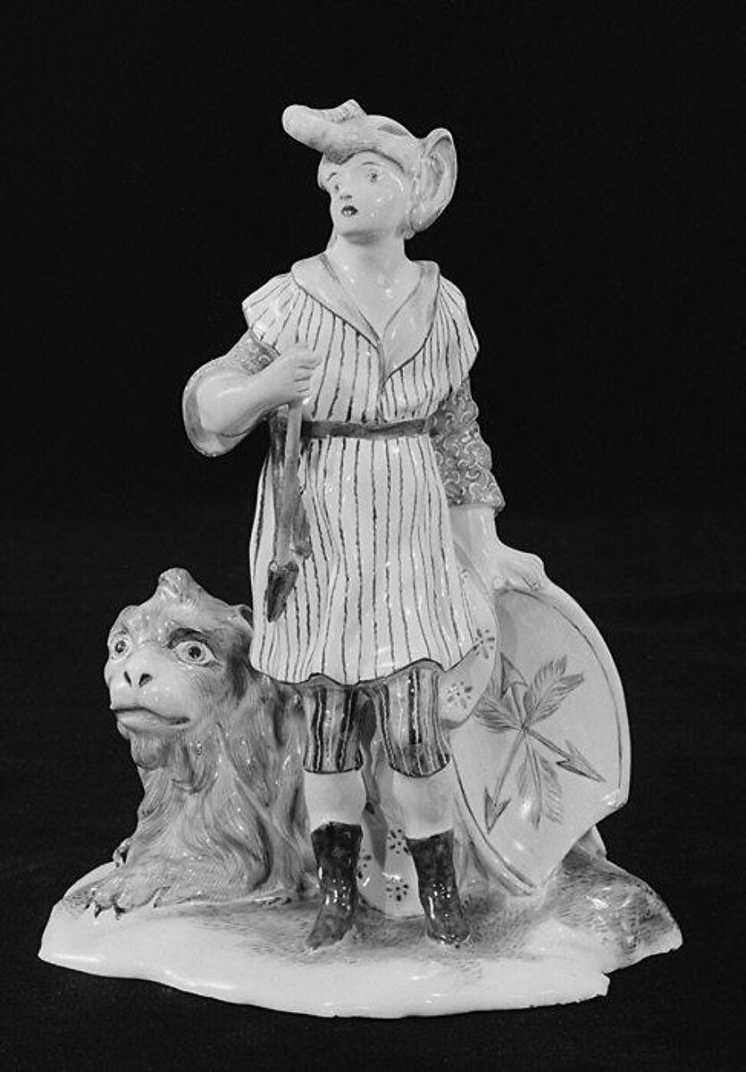 Boy with lion (representing Africa) (part of a set), Faience (tin-glazed earthenware), probably French, Niderviller 