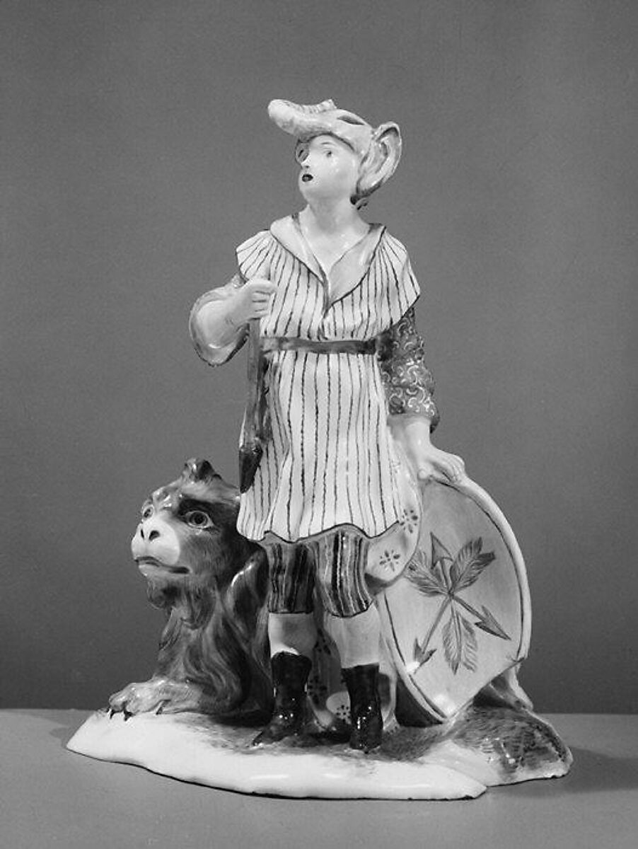 Boy with lion (representing Africa) (part of a set), Faience (tin-glazed earthenware), probably French, Niderviller