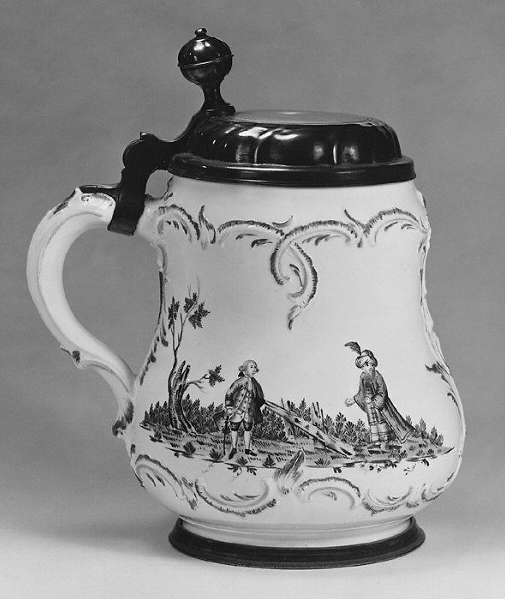Tankard, Nymphenburg Porcelain Manufactory (German, 1747–present), Hard-paste porcelain, pewter, German, Nymphenburg