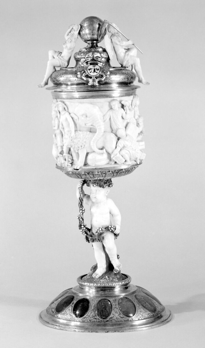 Cup with cover ("Permoser Cup"), S.W., Dresden, Silver, silver gilt, ivory, amber, German, Dresden 
