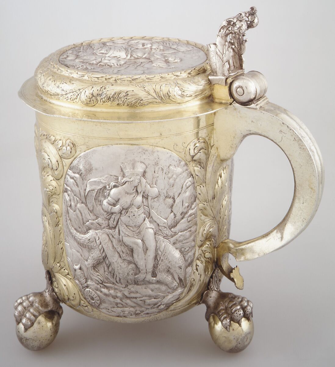 Tankard, Hans Nicolaus Müllner (German, active 1644–88), Silver, partly gilded, German, Nuremberg 