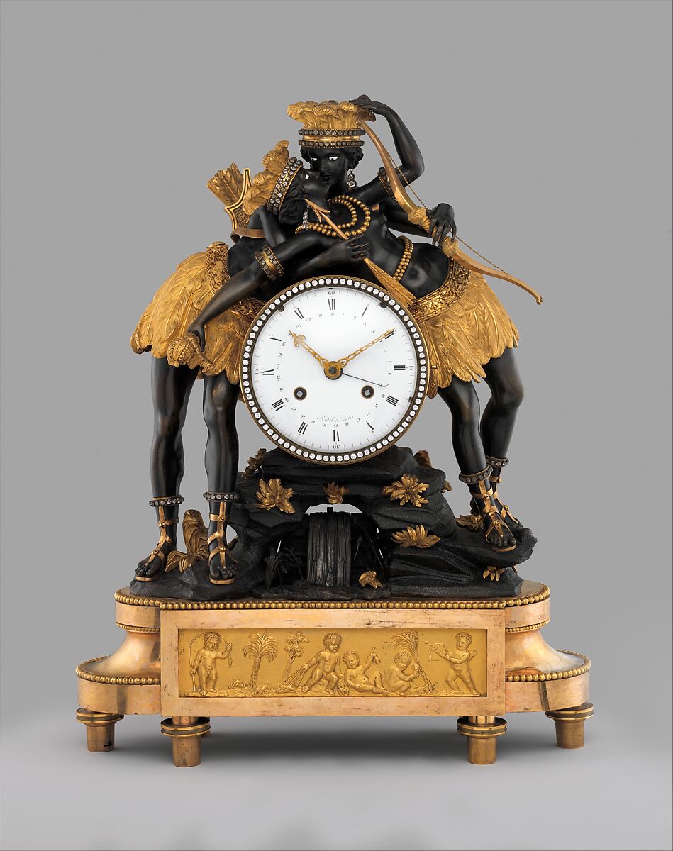 Clock, Clockmaker: Laurent Ridel (French, active 1789), Case: partly patinated and partly gilded bronze, gilded brass, and paste jewels; Dial: white enamel with gilded brass and steel hands; Movement: brass and steel, French, Paris 