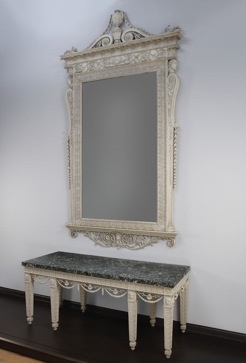 Mirror from Croome Court, Worcestershire, Robert Adam (British, Kirkcaldy, Scotland 1728–1792 London), Carved and painted pine, marble sheets veneered on a cement core, with newly carved swags, British
