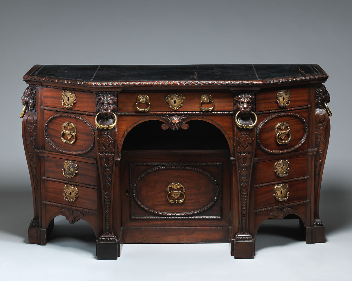 Library table, Probably designed by William Kent (1685–1748), Mahogany; gilt-brass, British 