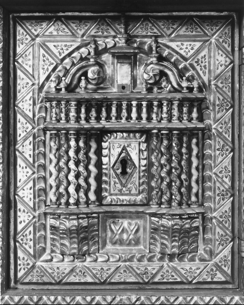 Drop-front desk on chest (Vargueño), Carved, gilded, and partly gilded painted bone; wrought iron, Spanish