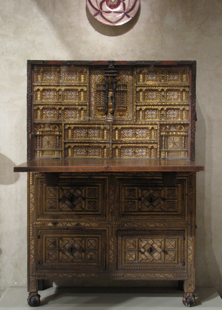 Drop-front desk on chest (Vargueño), Carved, gilded, and partly gilded painted bone; wrought iron, Spanish 