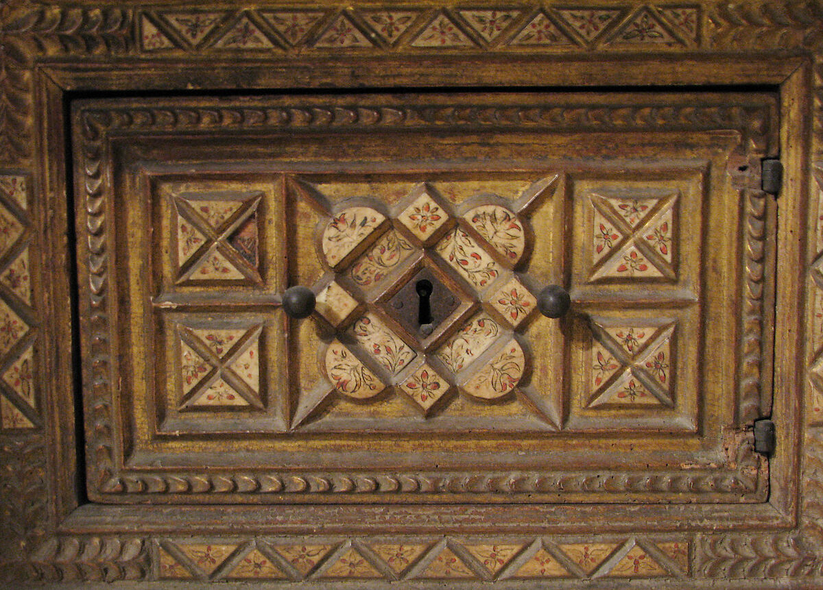 Drop-front desk on chest (Vargueño), Carved, gilded, and partly gilded painted bone; wrought iron, Spanish