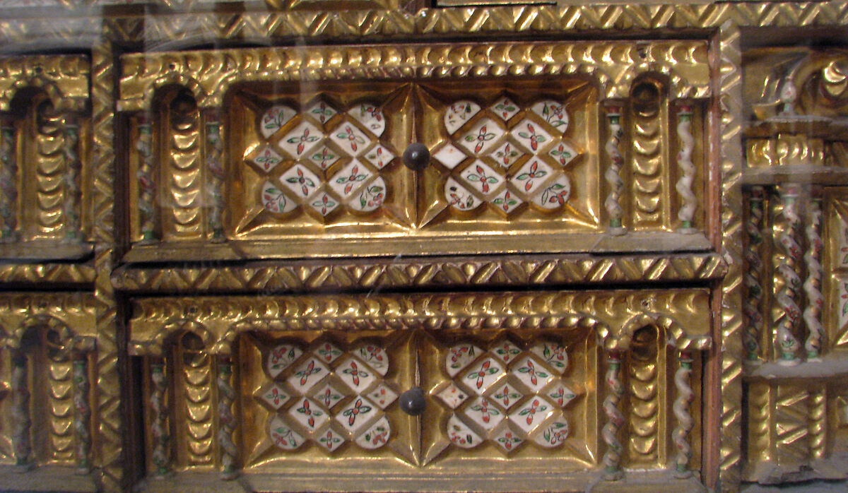 Drop-front desk on chest (Vargueño), Carved, gilded, and partly gilded painted bone; wrought iron, Spanish
