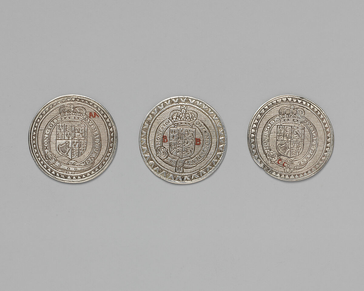 Counter box with set of thrity-three counters, Silver, British, London