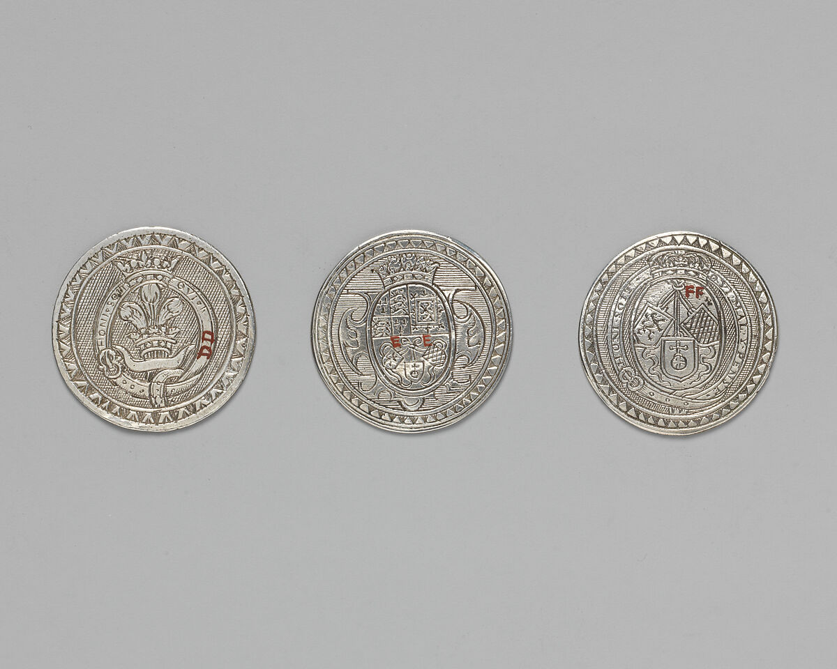 Counter box with set of thrity-three counters, Silver, British, London