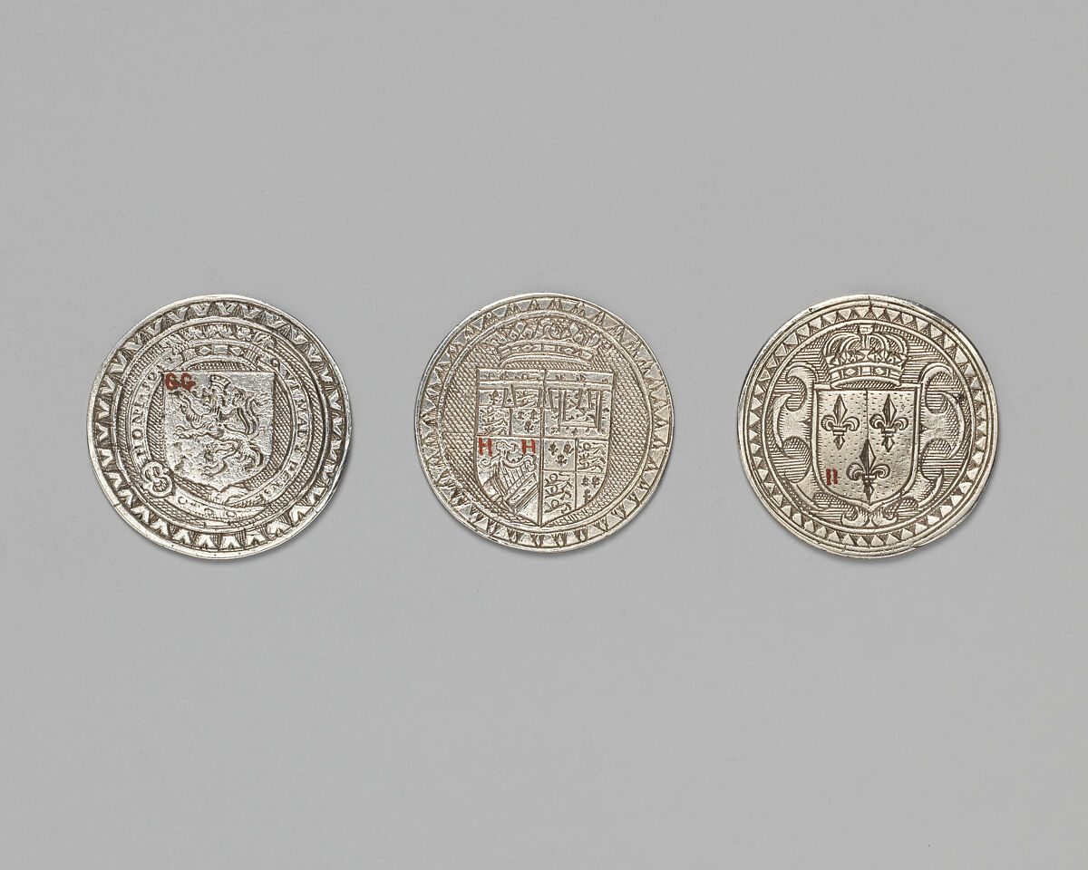 Counter box with set of thrity-three counters, Silver, British, London