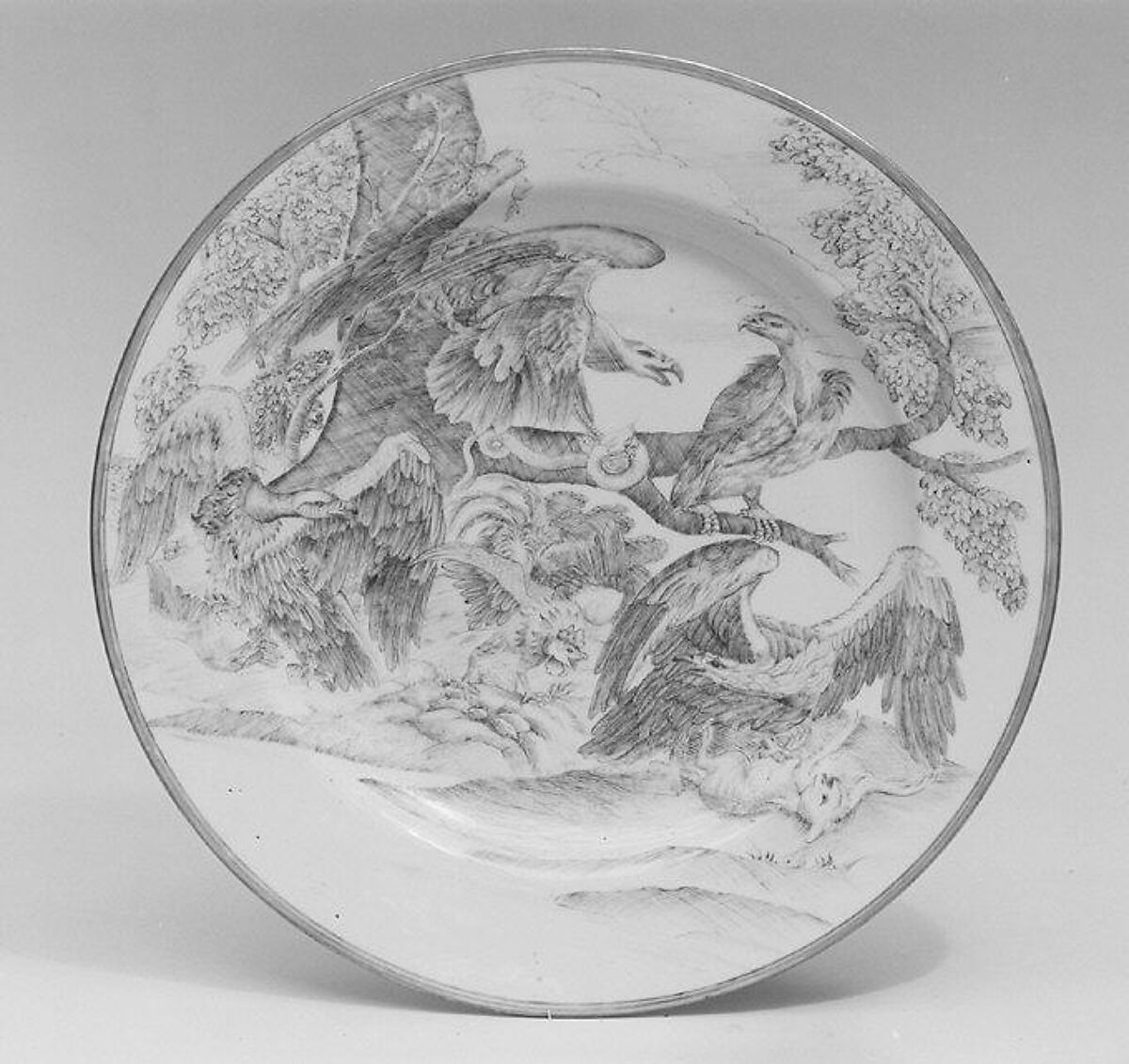 Plate (one of two), Decoration after a design by Pieter Boel (1622–1674), Hard-paste porcelain, Chinese, for British market