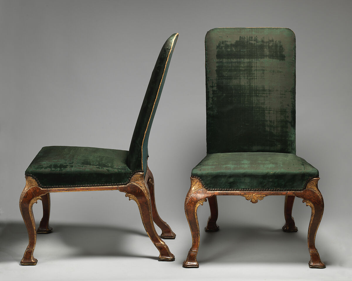 Side chair (one of a pair), Attributed to Richard Roberts (British, active 1714–29), Beech and oak veneered with burl walnut, parcel-gilt; covered in silk velvet, British