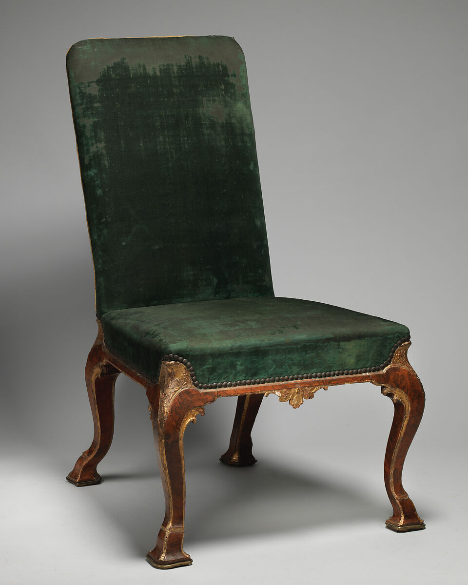 Side chair (one of a pair), Attributed to Richard Roberts (British, active 1714–29), Beech and oak veneered with burl walnut, parcel-gilt; covered in silk velvet, British 