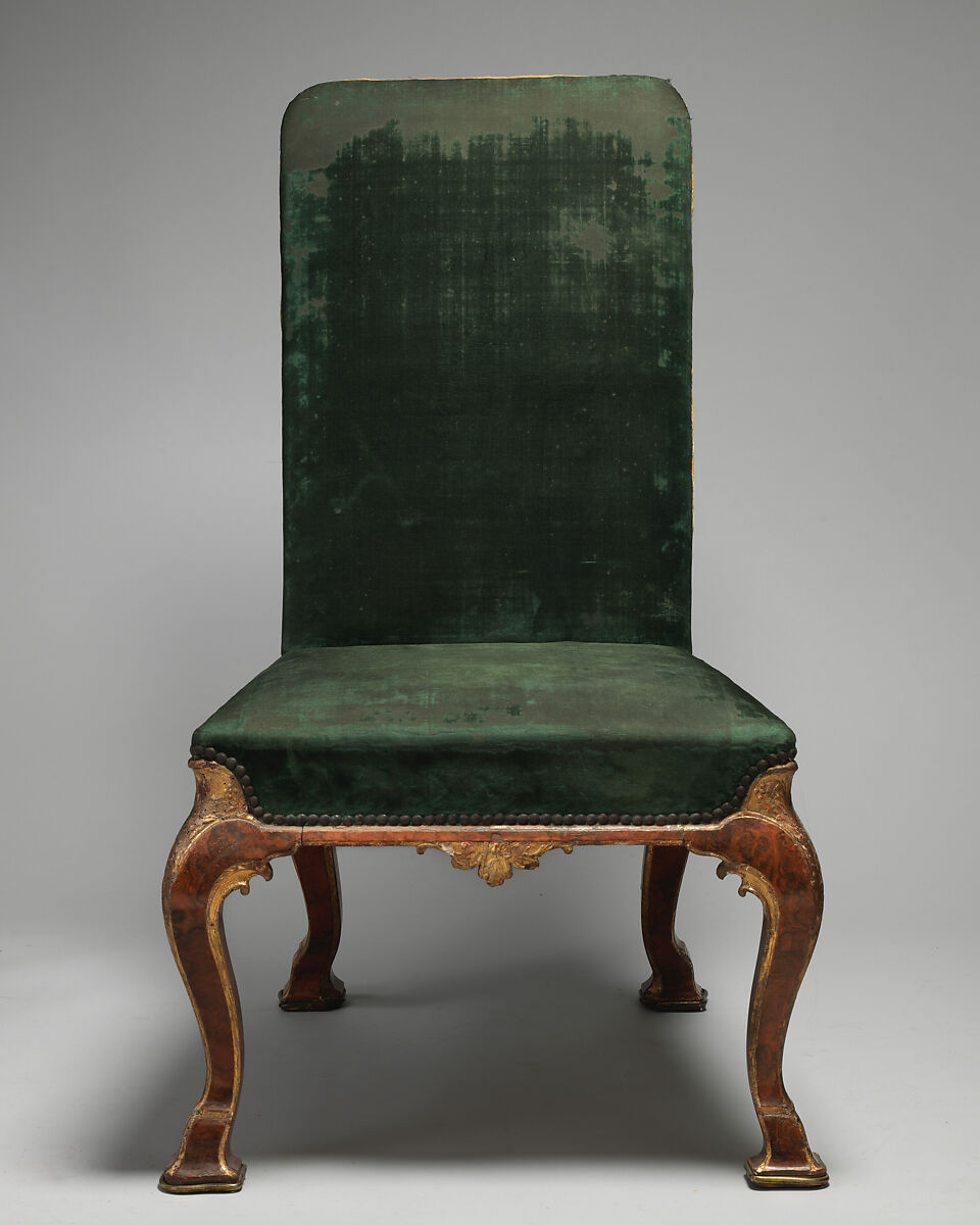Side chair (one of a pair), Attributed to Richard Roberts (British, active 1714–29), Beech and oak veneered with burl walnut, parcel-gilt; covered in silk velvet, British