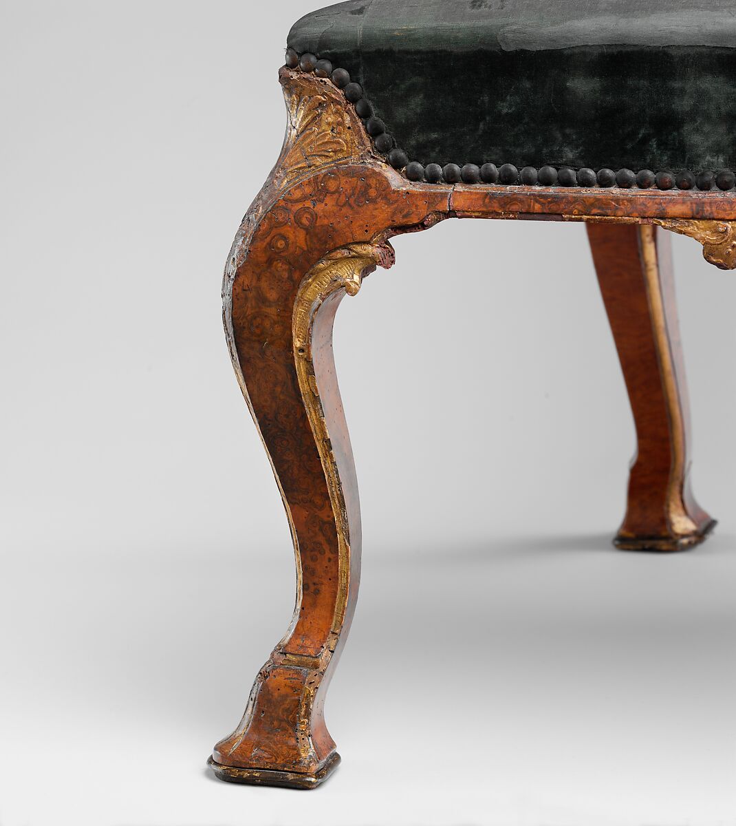 Side chair (one of a pair), Attributed to Richard Roberts (British, active 1714–29), Beech and oak veneered with burl walnut, parcel-gilt; covered in silk velvet, British