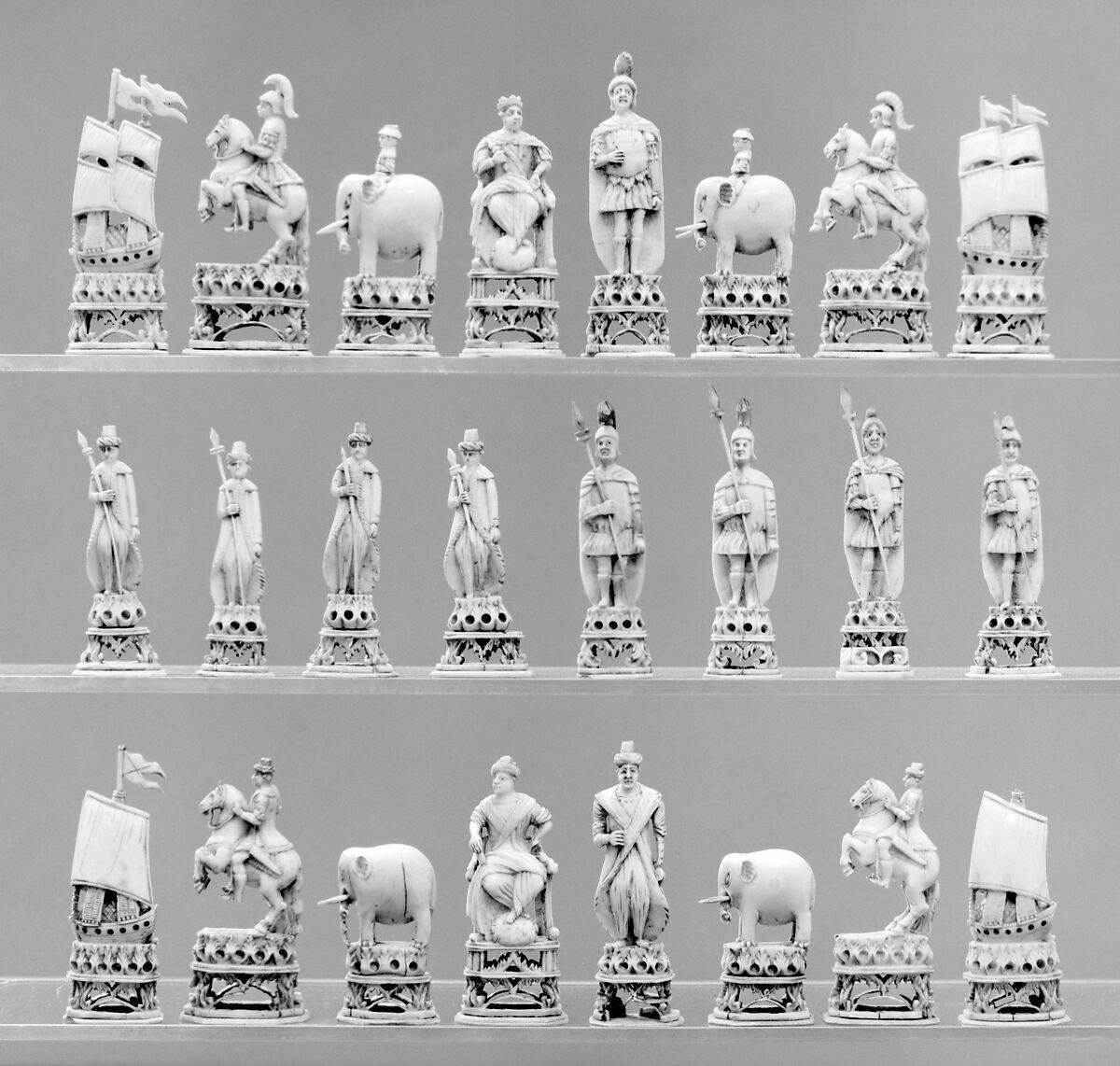 Chess set, Walnut, ivory, wood, Russian, Kholmogory